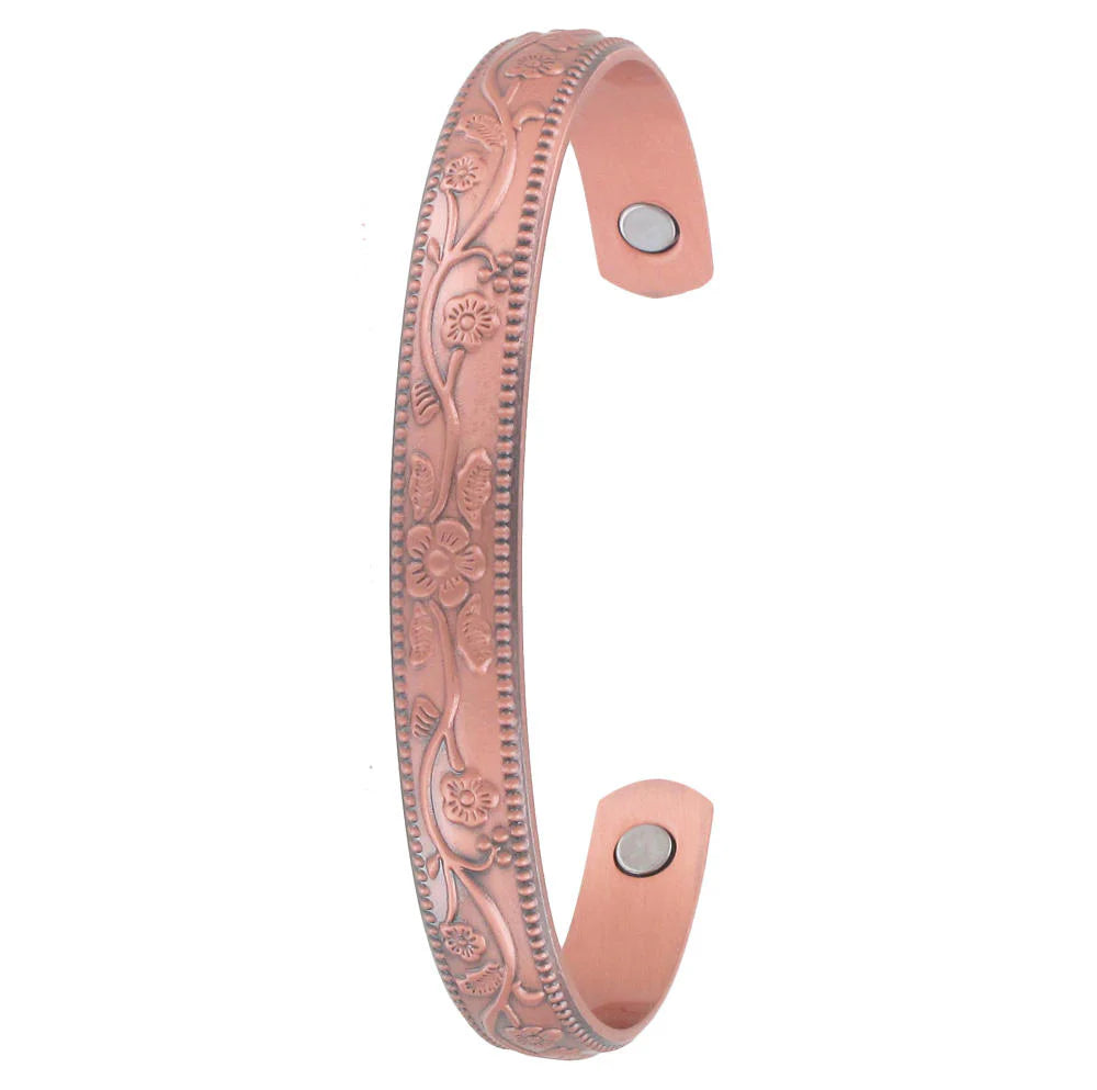 Floral Raised Solid Copper Magnetic Therapy Cuff Bracelet - 705