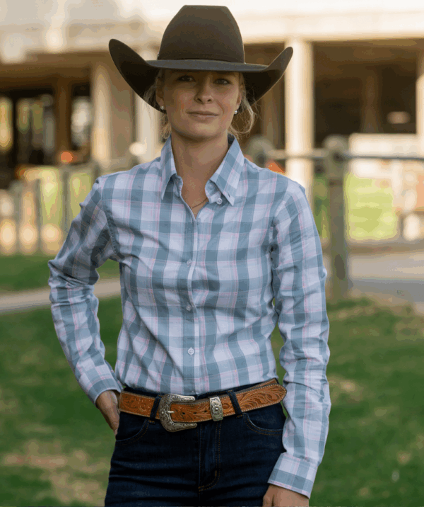 Newmarket Ladies Tess 100% Cotton Dress Shirt – Dusty Blue & Pink
