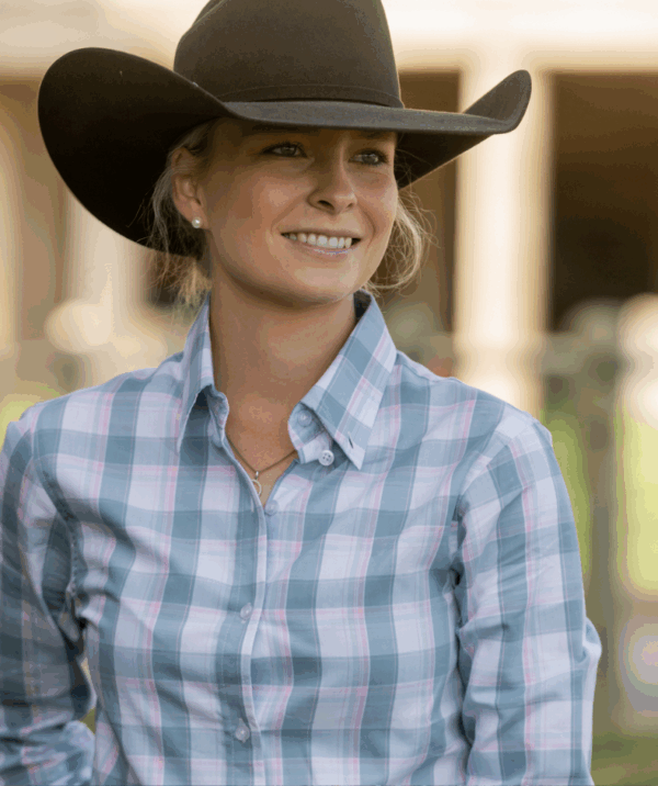 Newmarket Ladies Tess 100% Cotton Dress Shirt – Dusty Blue & Pink - Image 3