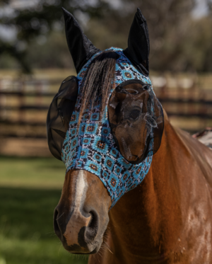Newmarket Stretch Bug Eye Fly Mask With Ears – Aztec Cow Print