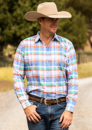 Newmarket 100% Australian Cotton Men's Shirt - Blue/Orange Plaid