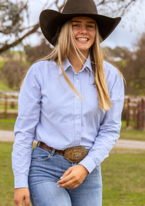 Newmarket 100% Australian Cotton Women’s Shirt – Performance Sky Blue Stripe