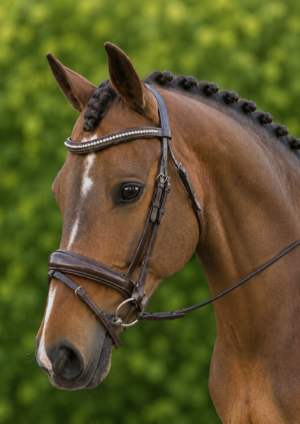 Cambridge Hanoverian Snaffle Bridle With Curved Pearl Browband & Shaped Noseband – Brown