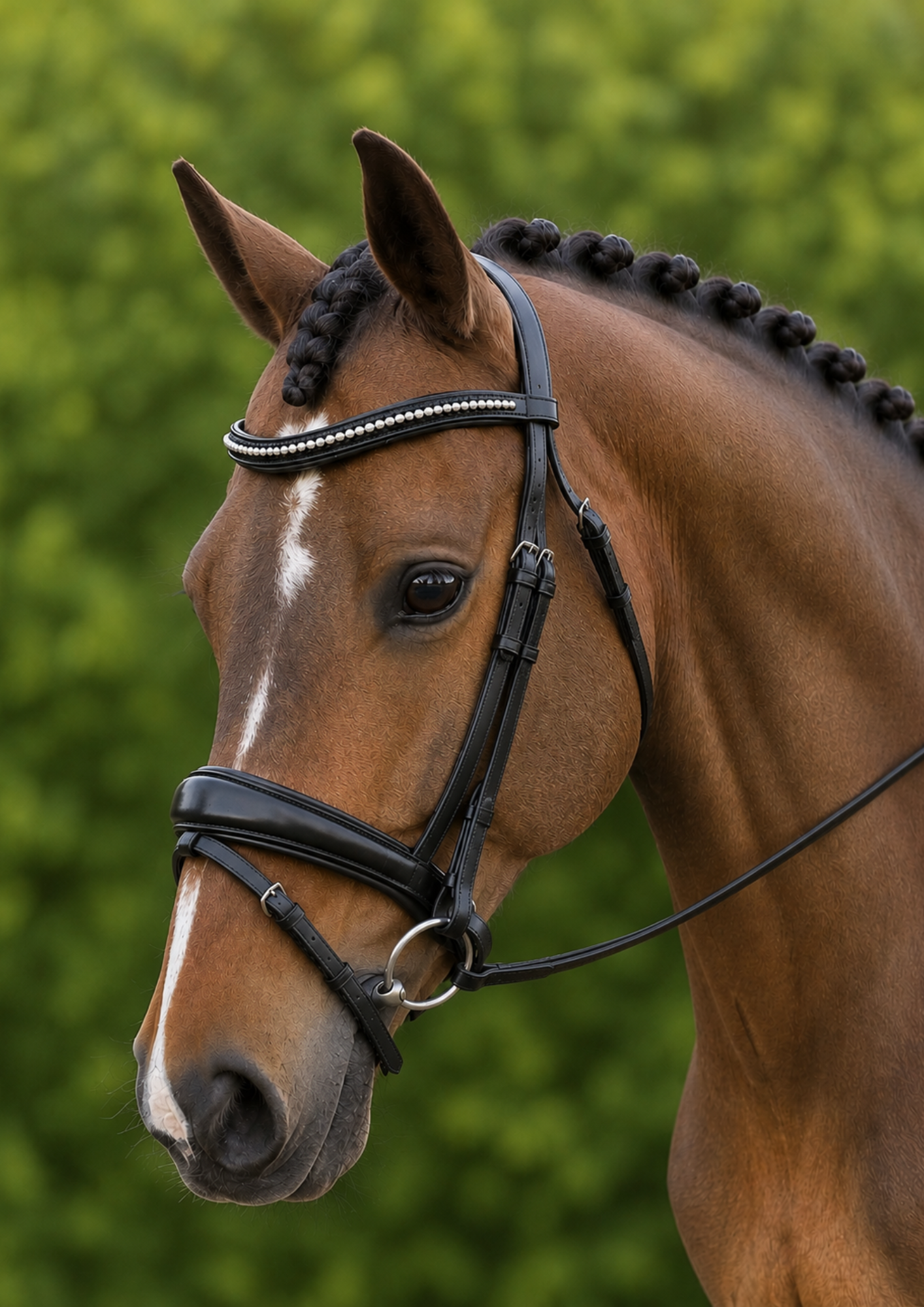 Cambridge Hanoverian Snaffle Bridle With Curved Pearl Browband & Shaped Noseband – Black